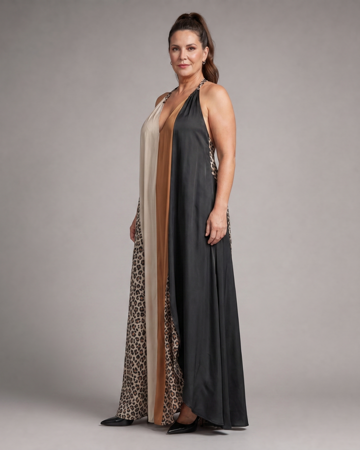 Zephielle | Color Block Animal Print Halter Flowing Maxi Dress