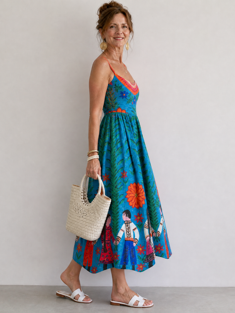 Xylienne | Folk Print Sleeveless Midi Dress