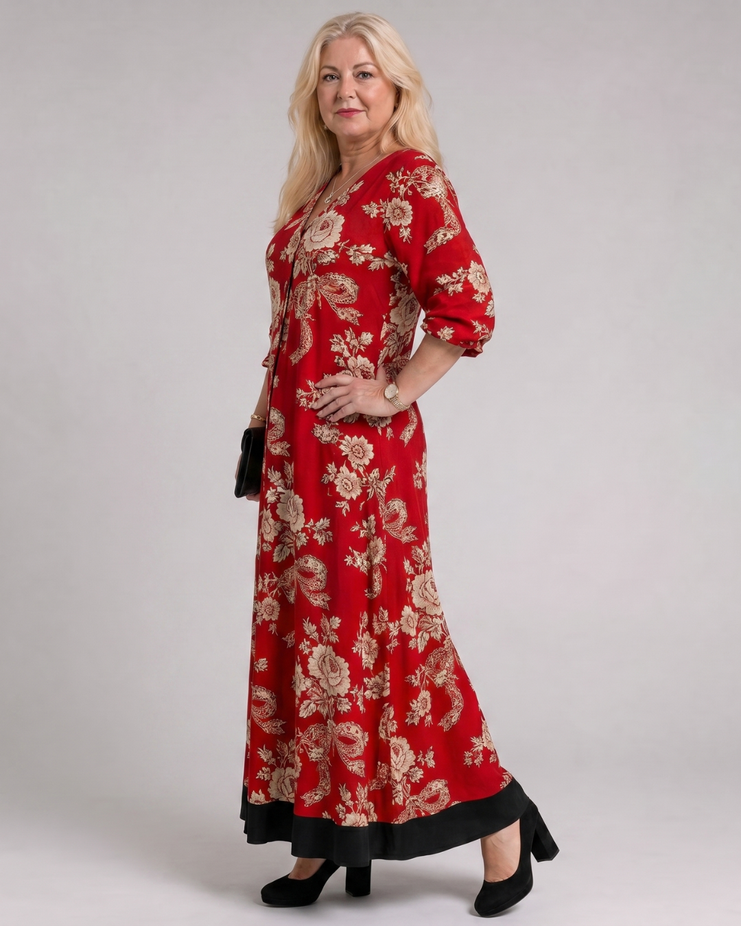 Thopal | Vintage Floral V Neck Relaxed Midi Dress