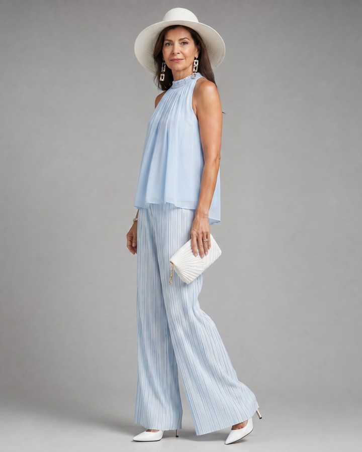 Sylmara | Halter Neck Flowing Top And Pleated Wide Leg Pants Set