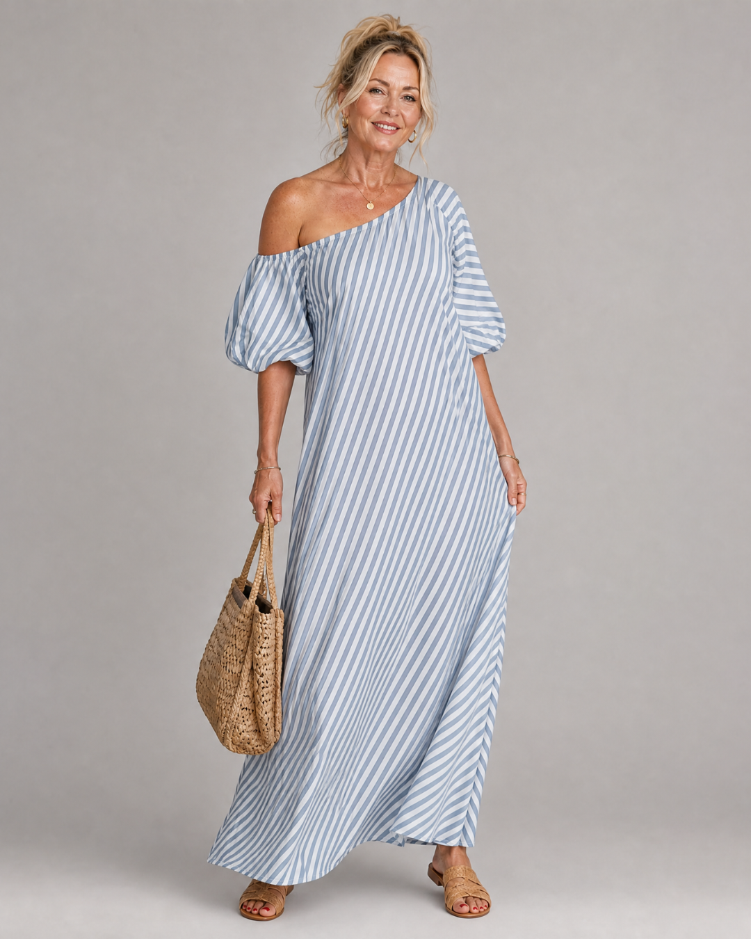 Zamrina | Striped Off Shoulder Puff Sleeve Midi Dress