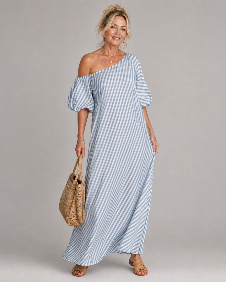 Zamrina | Striped Off Shoulder Puff Sleeve Midi Dress