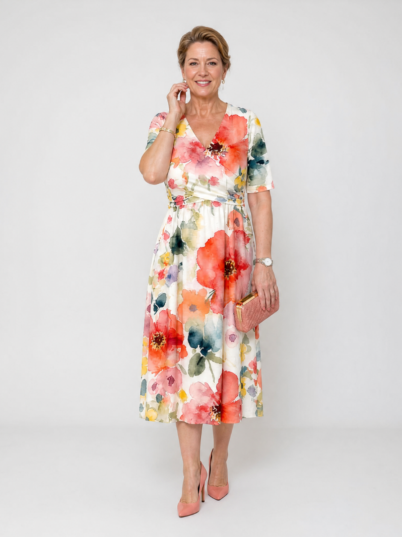 Corinne | Floral Print Short Sleeve V Neck Midi Dress