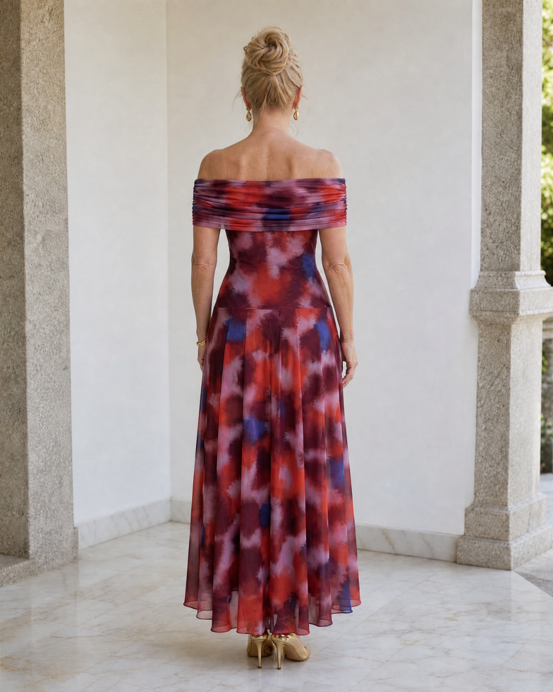 Violla | Off Shoulder Watercolor Print Flowing Midi Dress