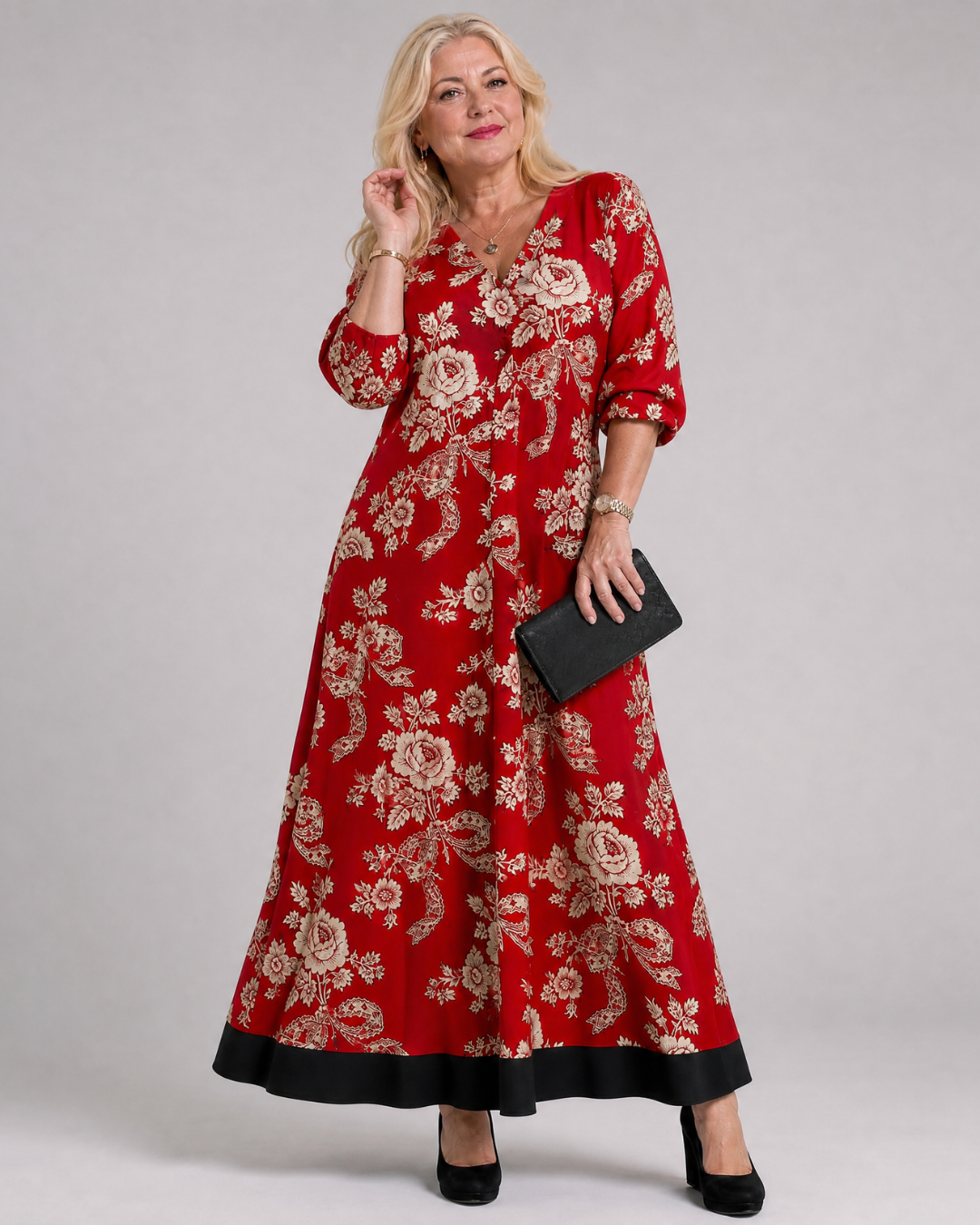 Thopal | Vintage Floral V Neck Relaxed Midi Dress