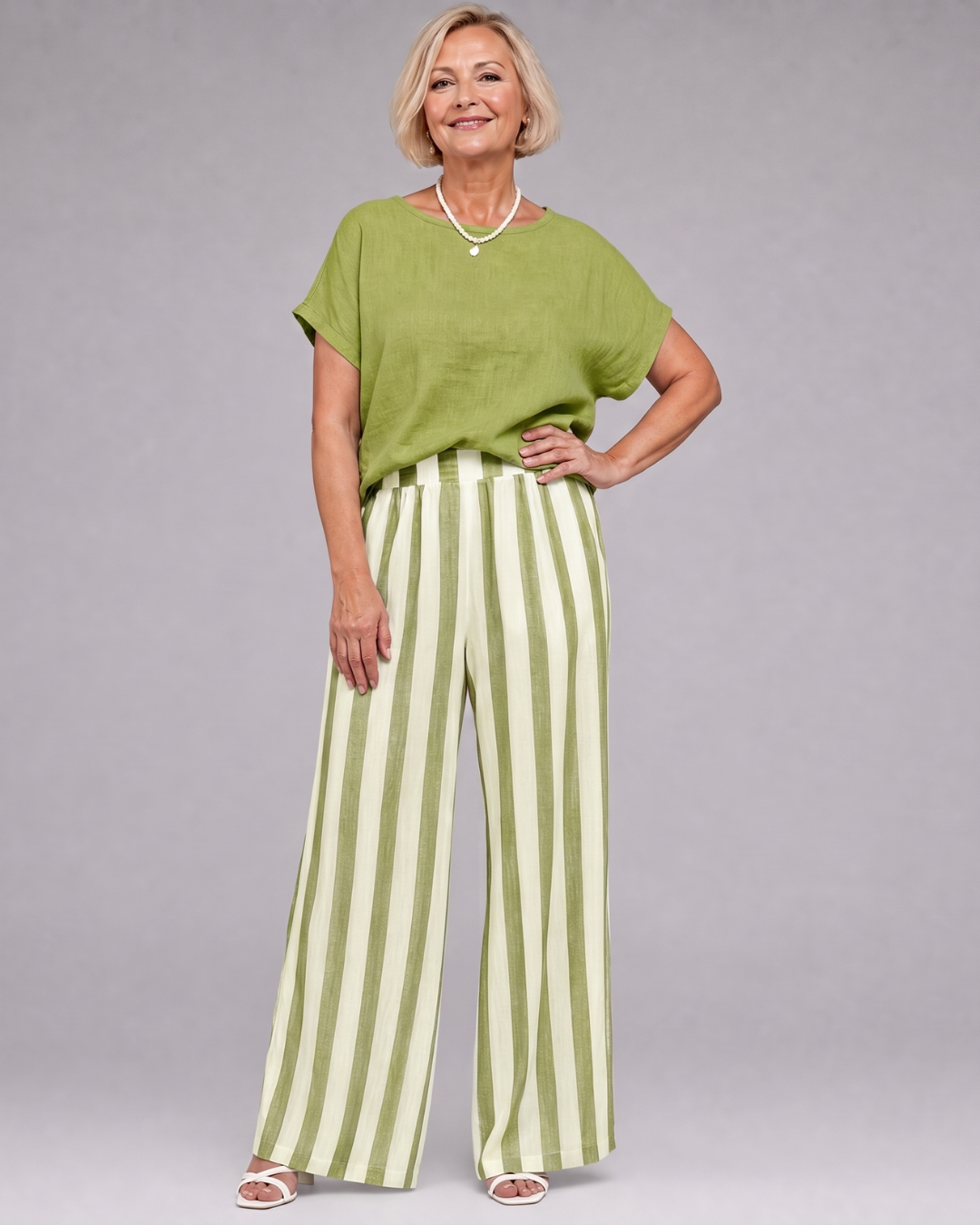 Miolna | Linen Blend Top And Striped Wide Leg Pants Set