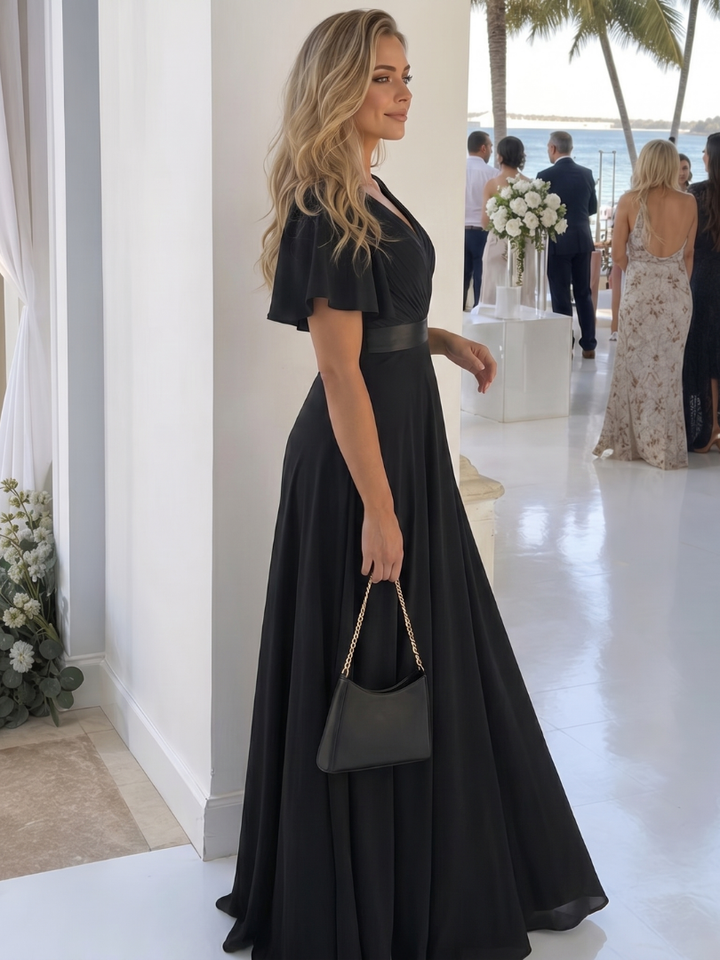 Mige | Short Flutter Sleeve Defined Waist Maxi Dress