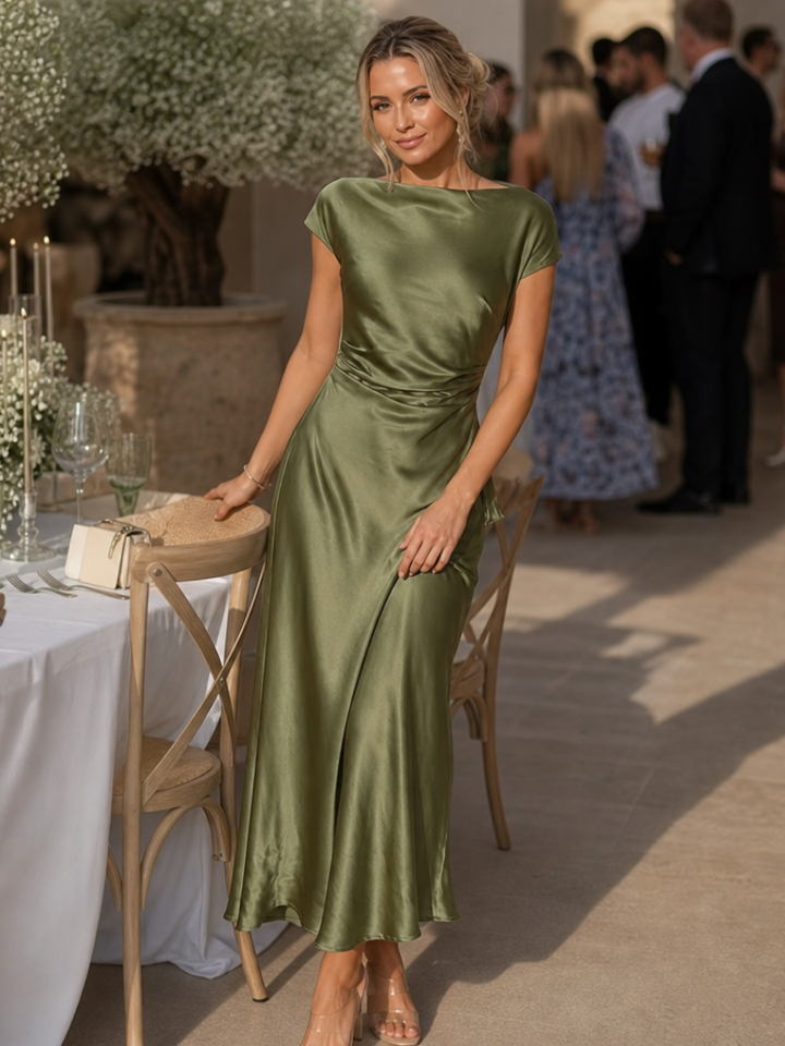 Elure | Short Sleeve Boat Neck Fitted Silhouette Midi Dress