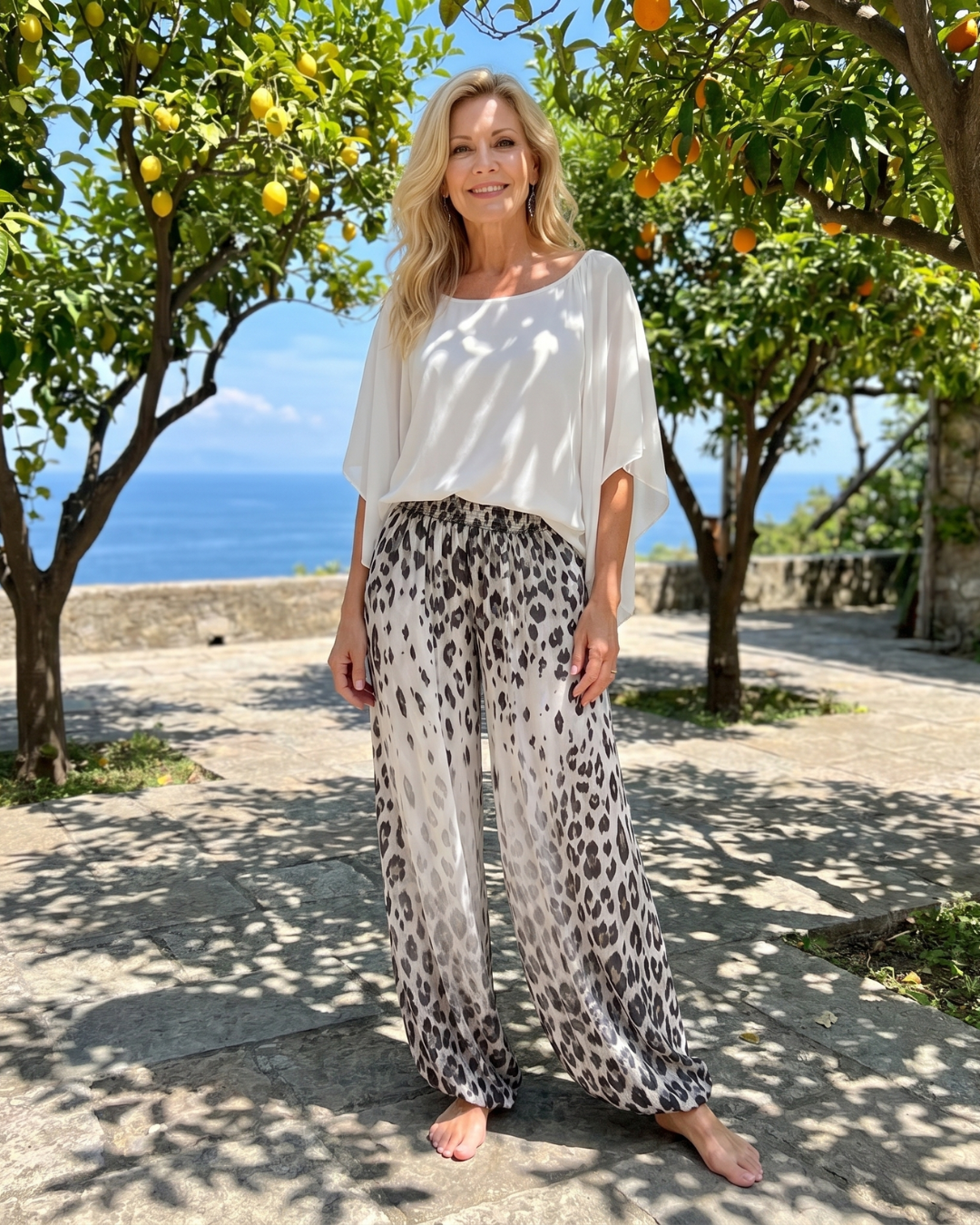 Zephyrel | Flowing Chiffon Top And Printed Wide Leg Pants Set