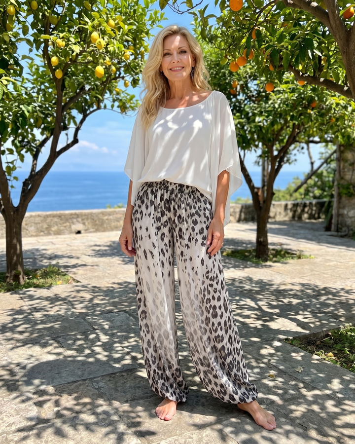 Zephyrel | Flowing Chiffon Top And Printed Wide Leg Pants Set