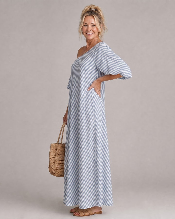 Zamrina | Striped Off Shoulder Puff Sleeve Midi Dress