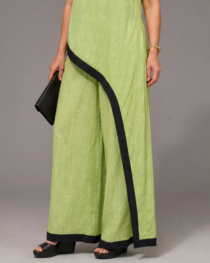 Valthera | Contrast Trim Sleeveless Layered Top And Wide Leg Pants Set