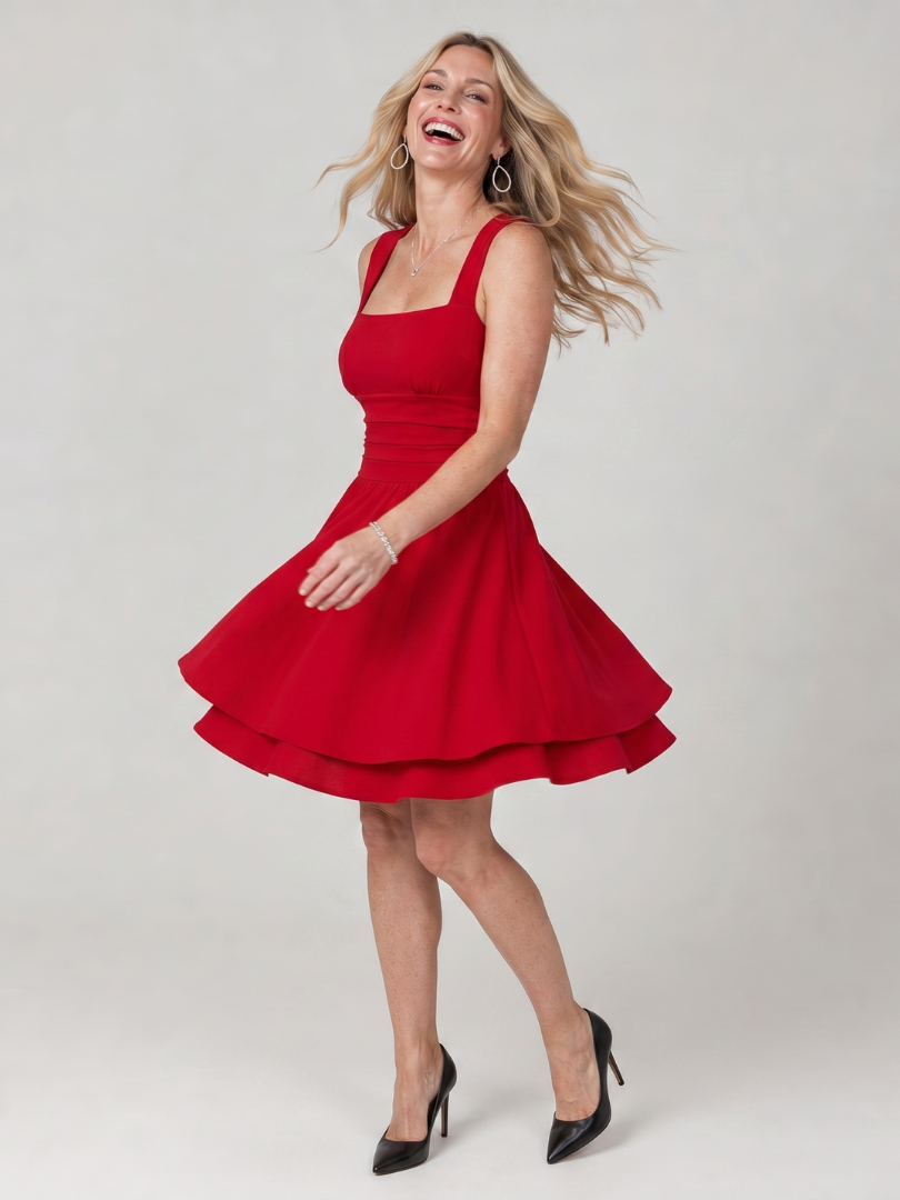 Celen | Sleeveless Square Neck Flared Skirt Mini Dress