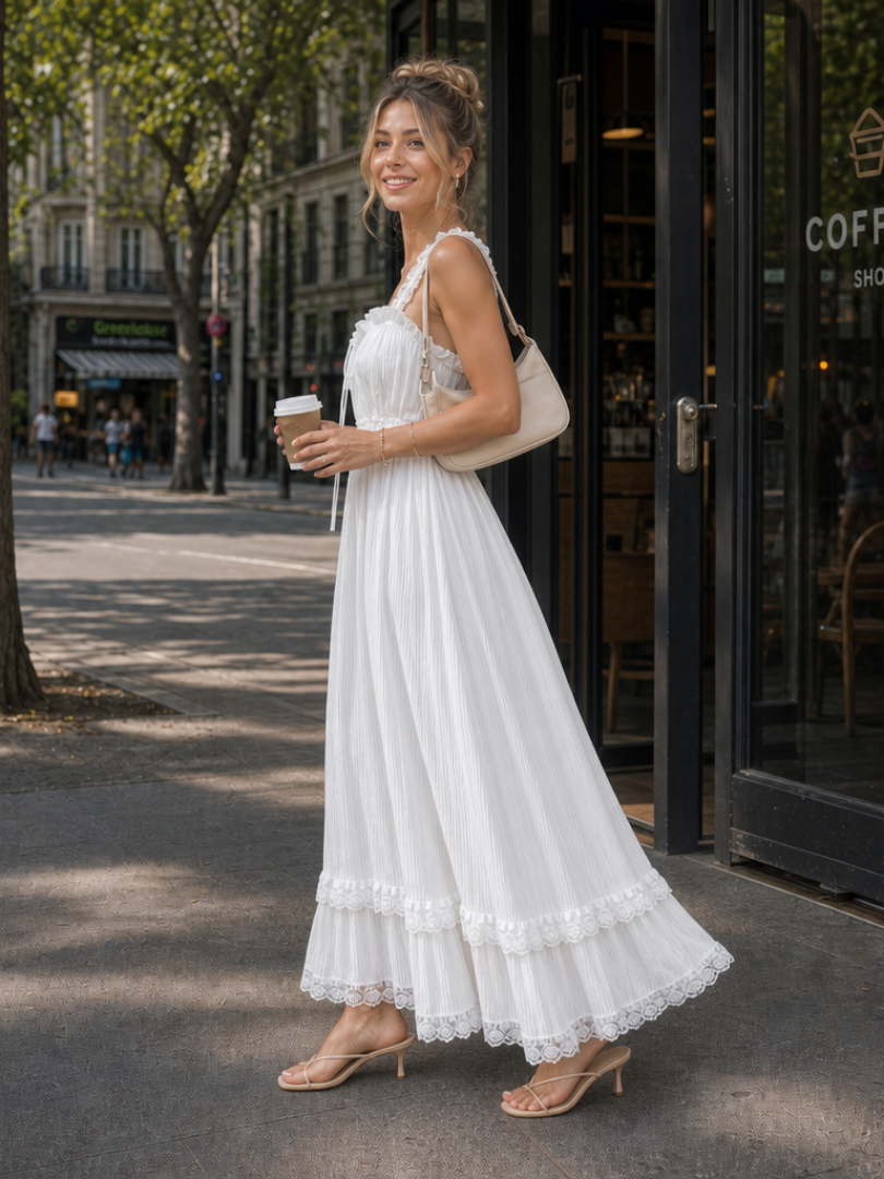 Leach | Sleeveless Ruffle Strap Flowing Skirt Midi Dress