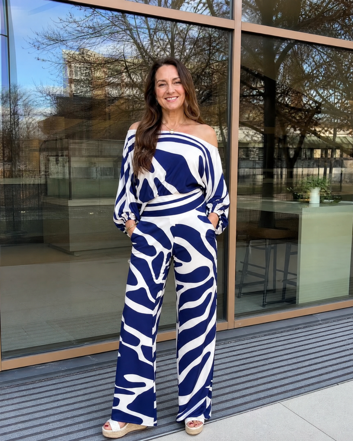 Sulaya | Abstract Print Off Shoulder Top And Wide Leg Pants Set