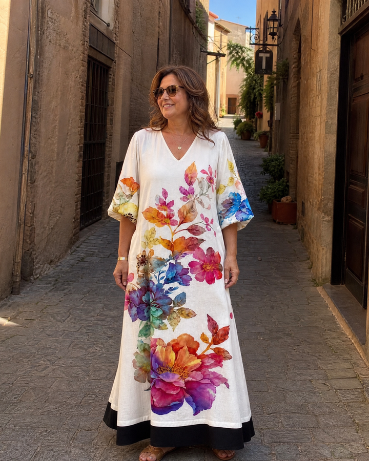 Florienne | Watercolor Bloom Print Flowing Pocket Midi Dress