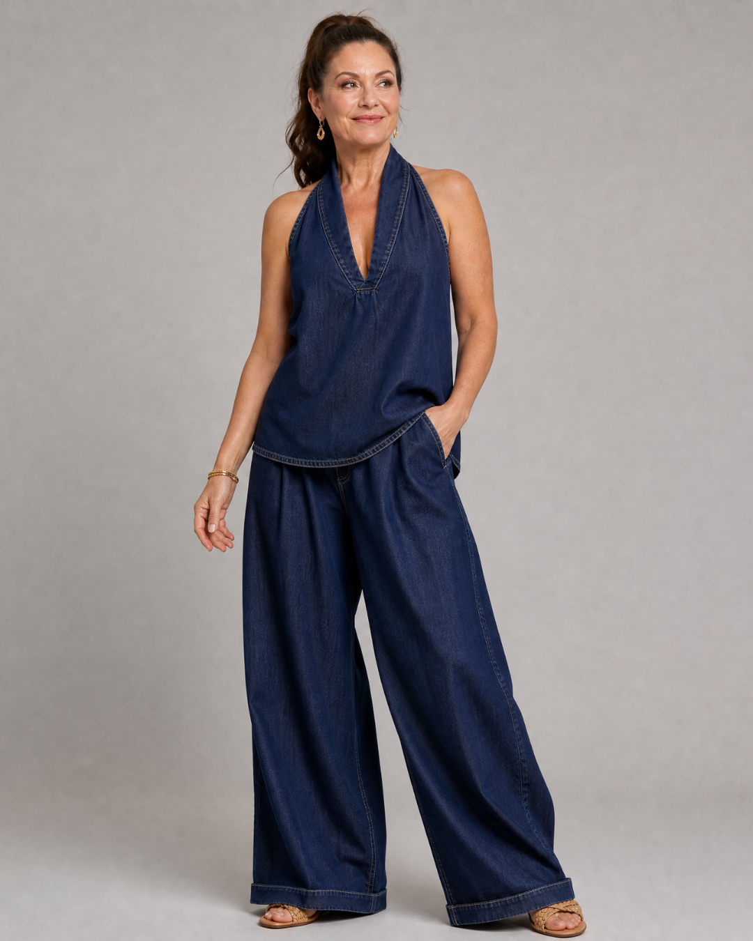 Zorelle | Halter Neck Denim Top And Wide Leg Pants Set