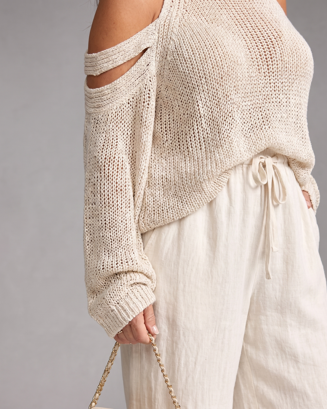 Elamen | Cold Shoulder Knit Sweater Wide Leg Pants Set