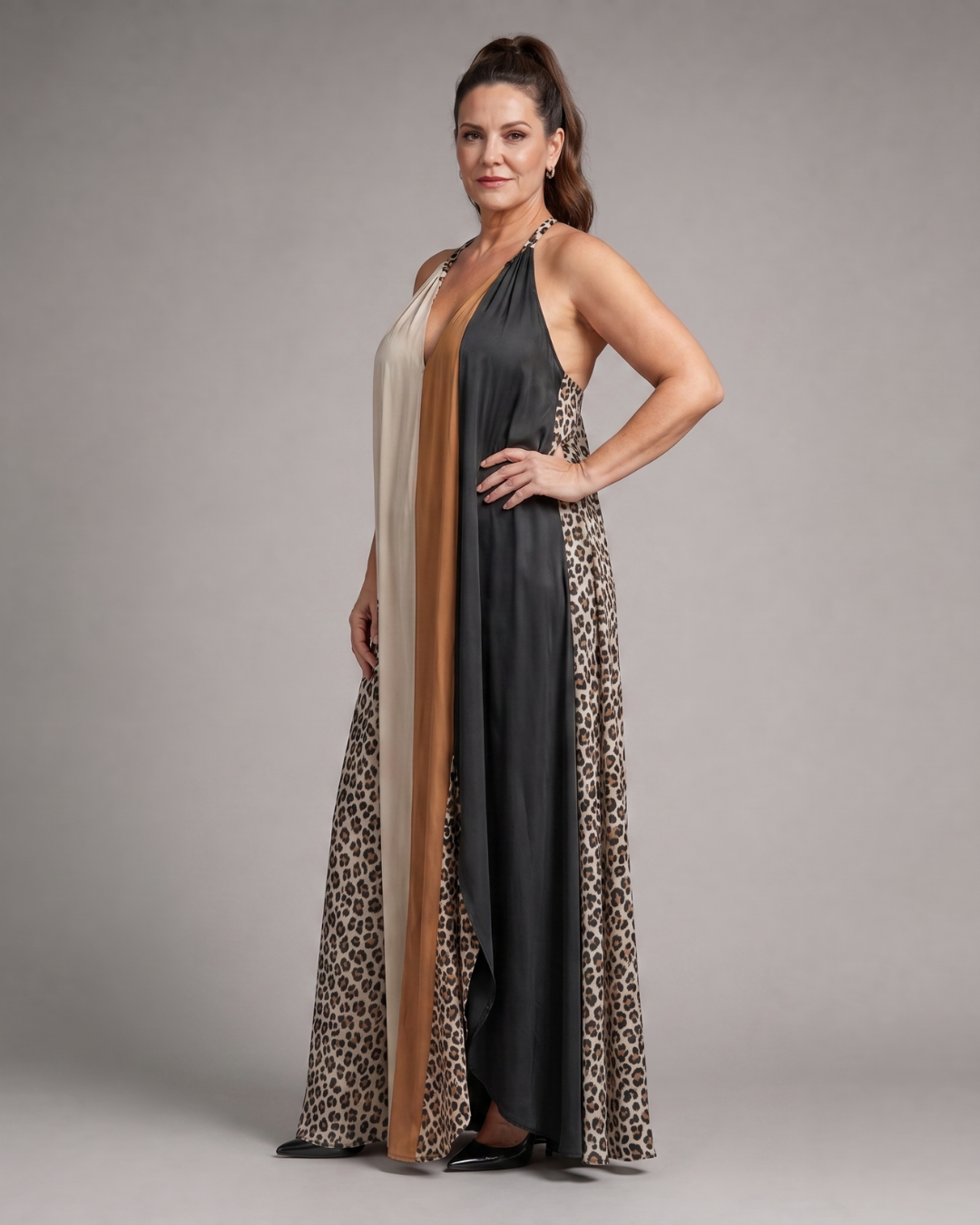 Zephielle | Color Block Animal Print Halter Flowing Maxi Dress