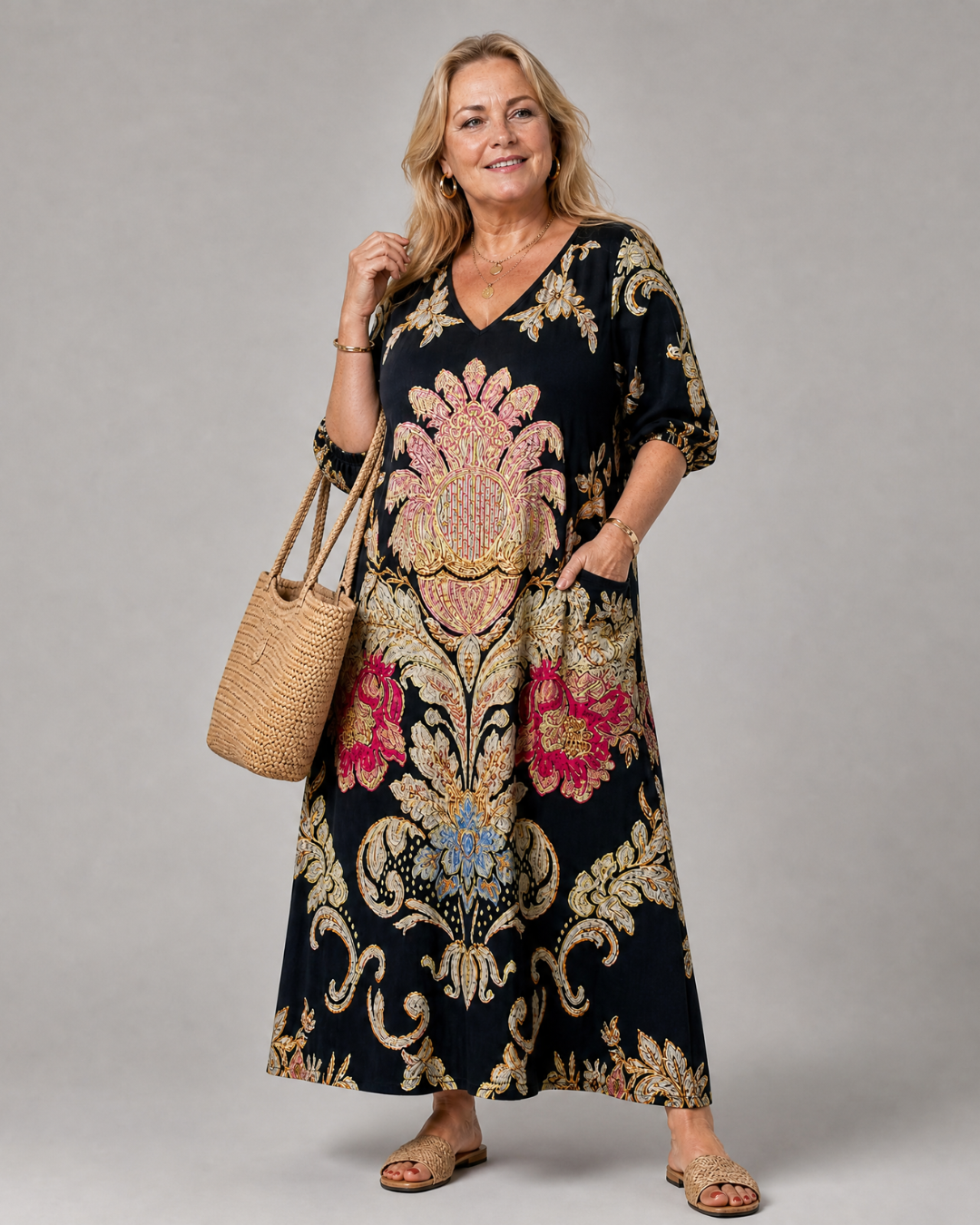 Evarose | Ornate Vintage Print Three Quarter Sleeve Midi Dress