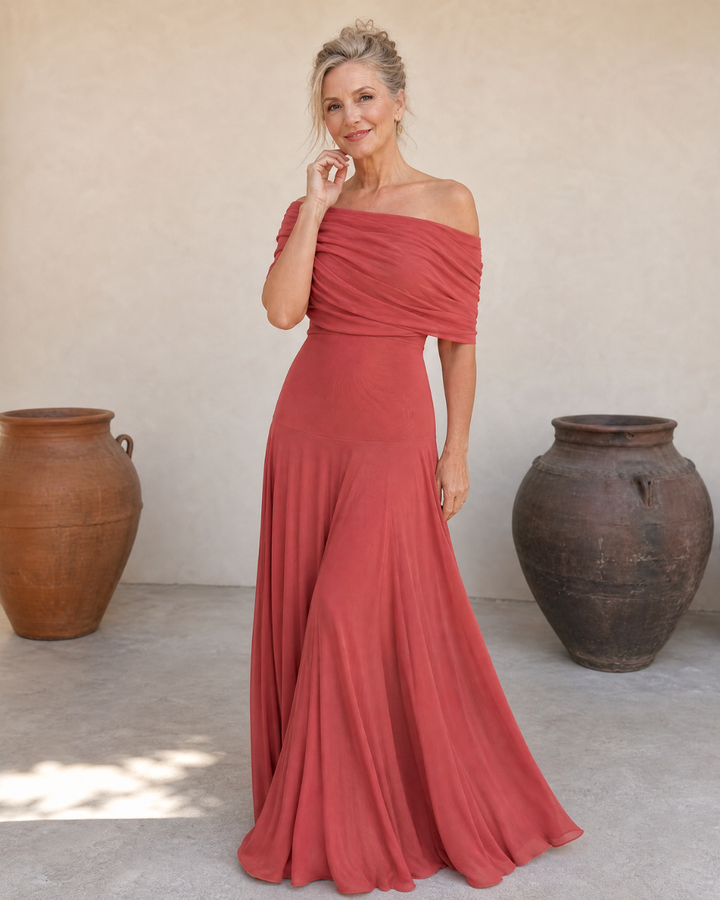 Valerinne | Off Shoulder Draped Bodice Flowing Maxi Dress