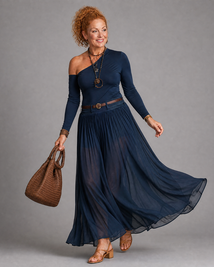 Nythera | One Shoulder Fitted Top And Pleated Maxi Skirt Set