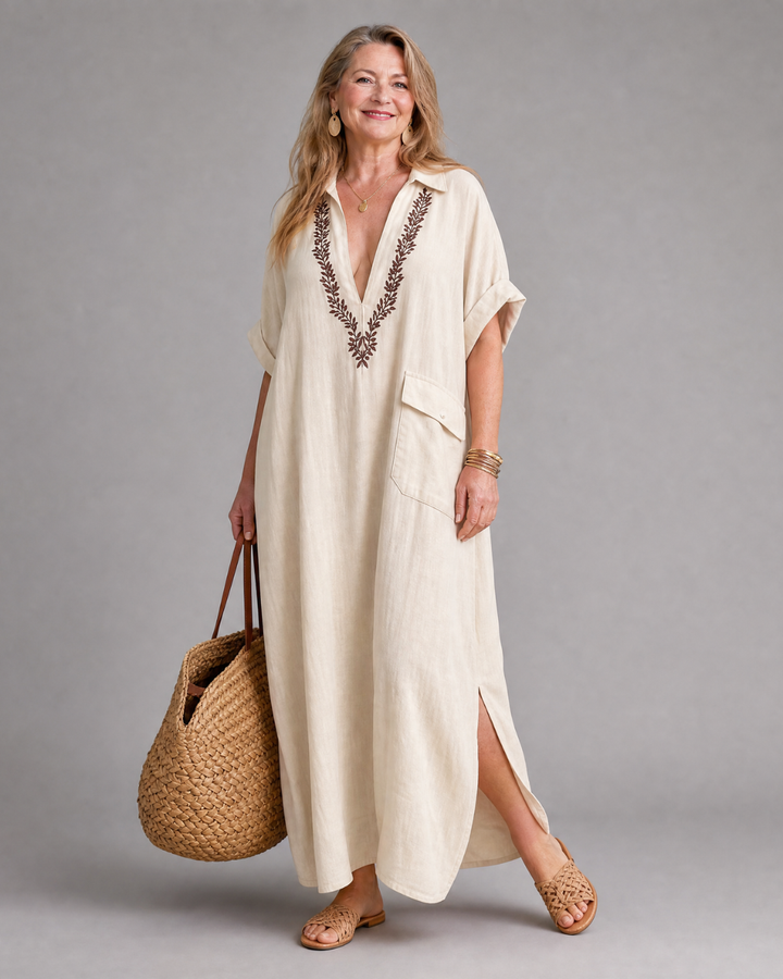 Elakeja | Embroidered V Neck Pocket Detail Relaxed Midi Dress