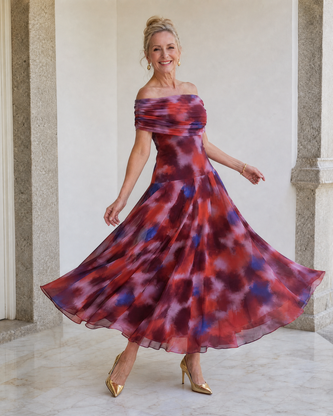Violla | Off Shoulder Watercolor Print Flowing Midi Dress
