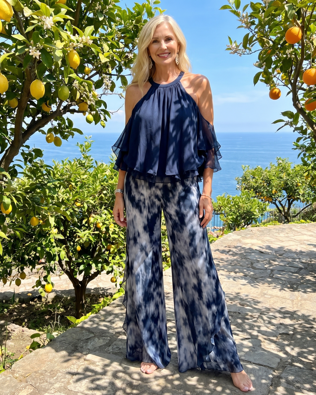 Xylara | Layered Halter Neck Printed Wide Leg Set