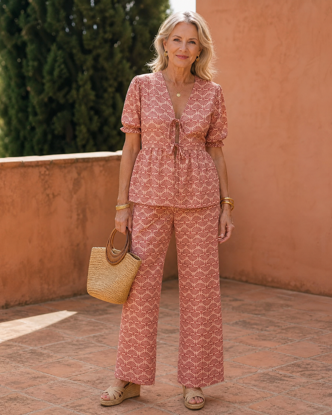 Somar | Floral Print Puff Sleeve Top And Straight Leg Pants Set