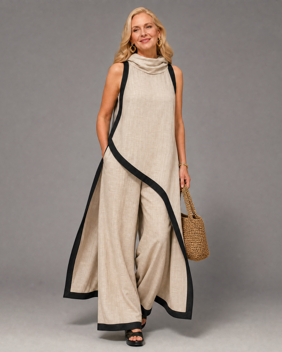 Valthera | Contrast Trim Sleeveless Layered Top And Wide Leg Pants Set