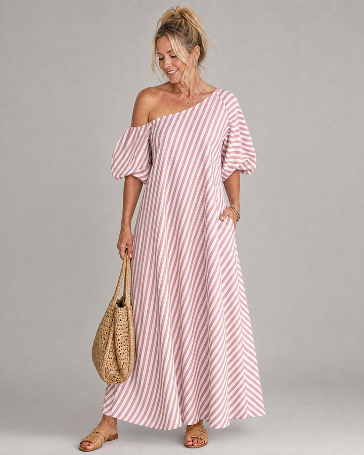 Zamrina | Striped Off Shoulder Puff Sleeve Midi Dress