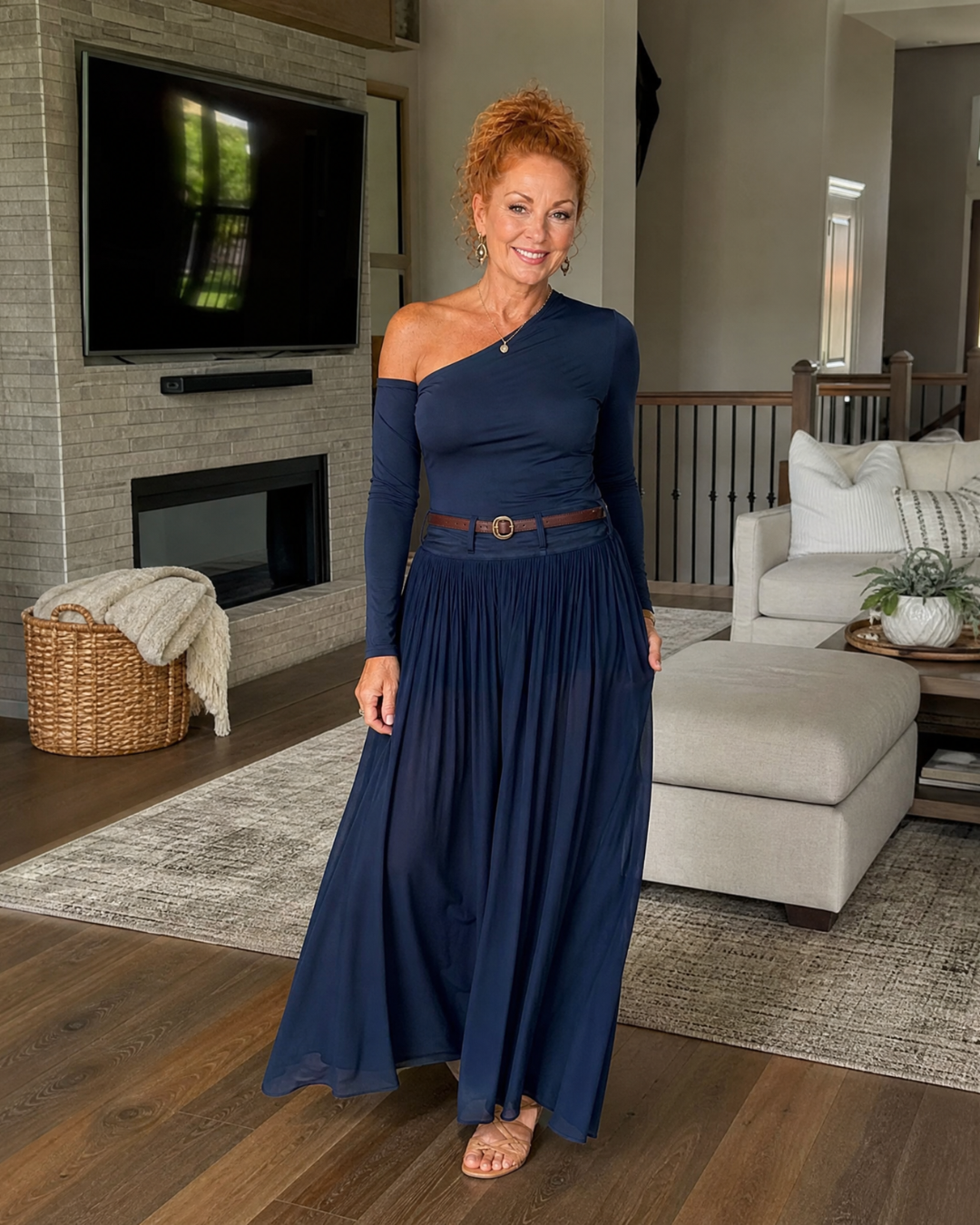 Nythera | One Shoulder Fitted Top And Pleated Maxi Skirt Set