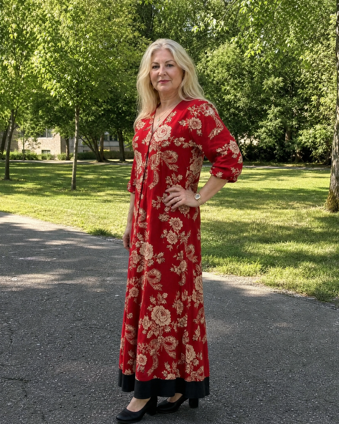 Thopal | Vintage Floral V Neck Relaxed Midi Dress