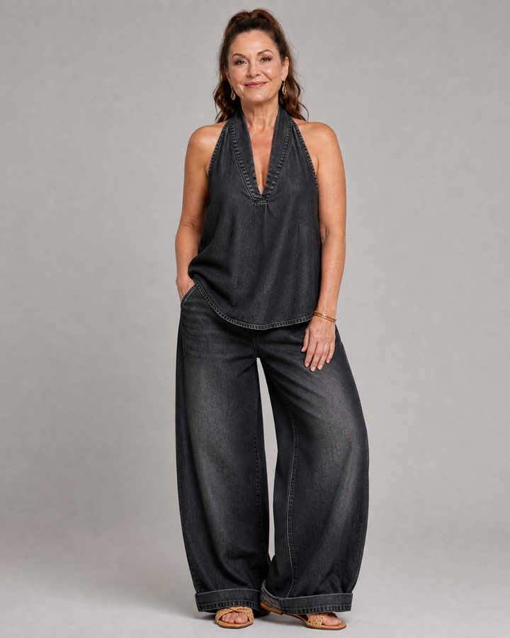 Zorelle | Halter Neck Denim Top And Wide Leg Pants Set