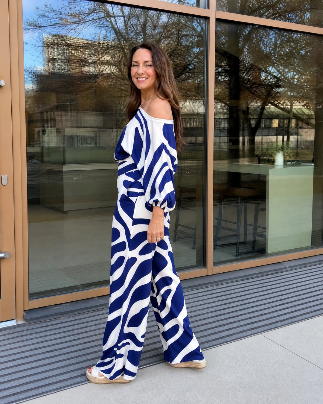 Sulaya | Abstract Print Off Shoulder Top And Wide Leg Pants Set