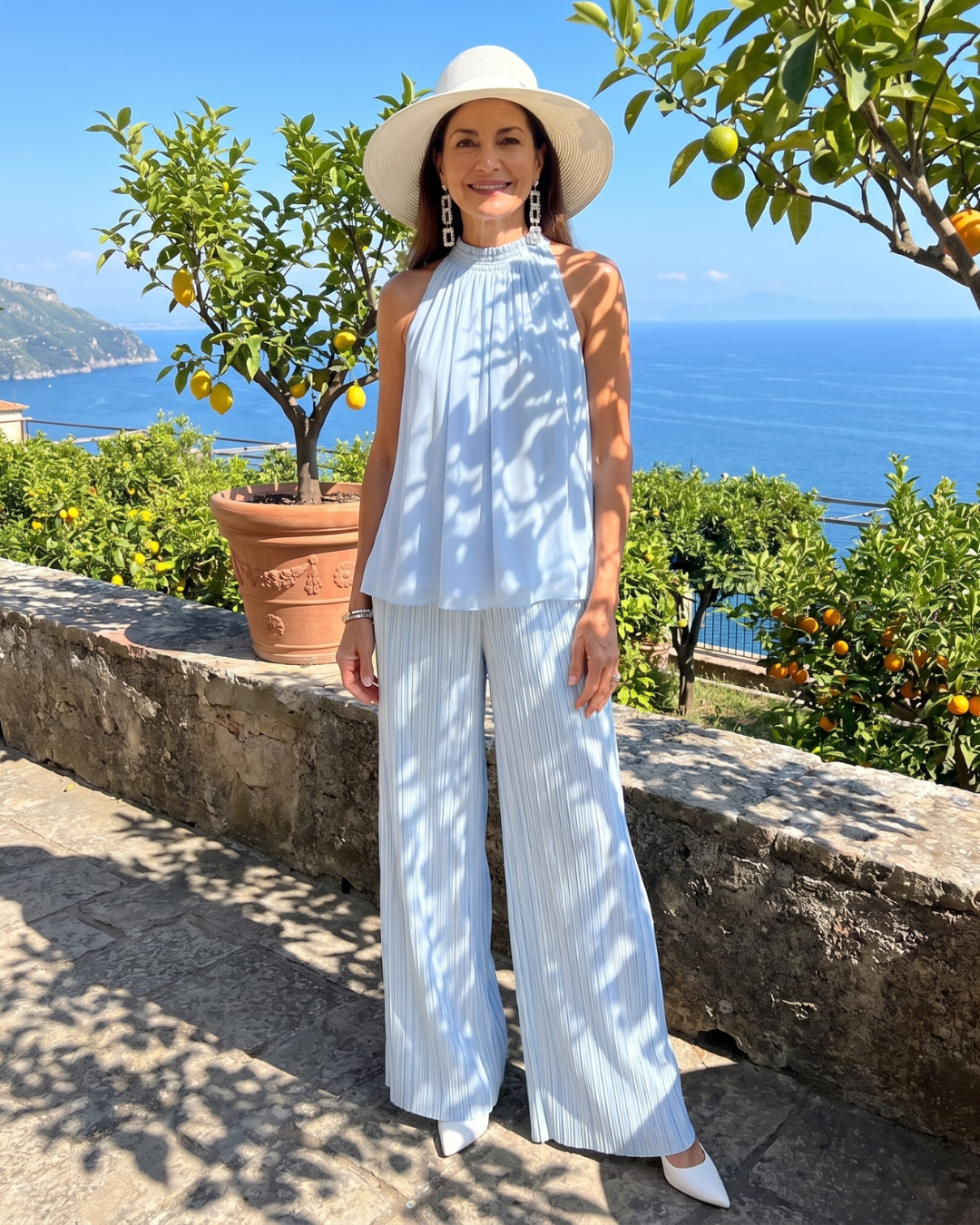 Sylmara | Halter Neck Flowing Top And Pleated Wide Leg Pants Set