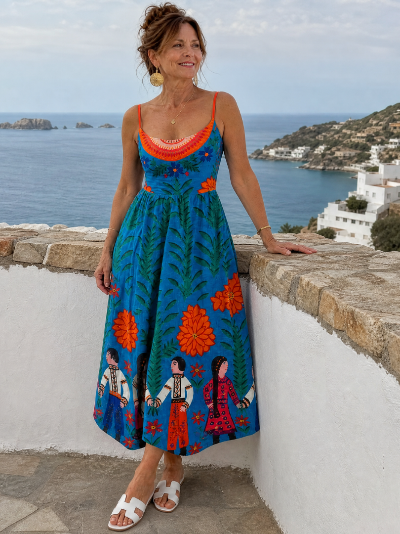 Xylienne | Folk Print Sleeveless Midi Dress