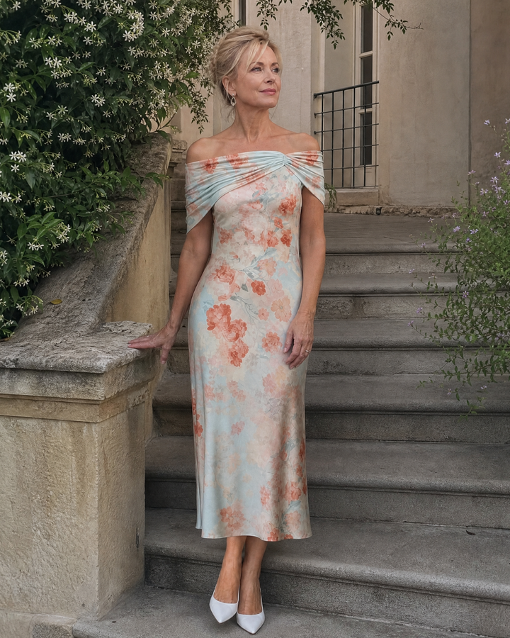 Imore | Soft Floral Off Shoulder Fitted Midi Dress