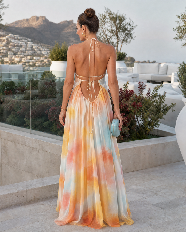 Solmira | Watercolor Halter Flowing Maxi Dress