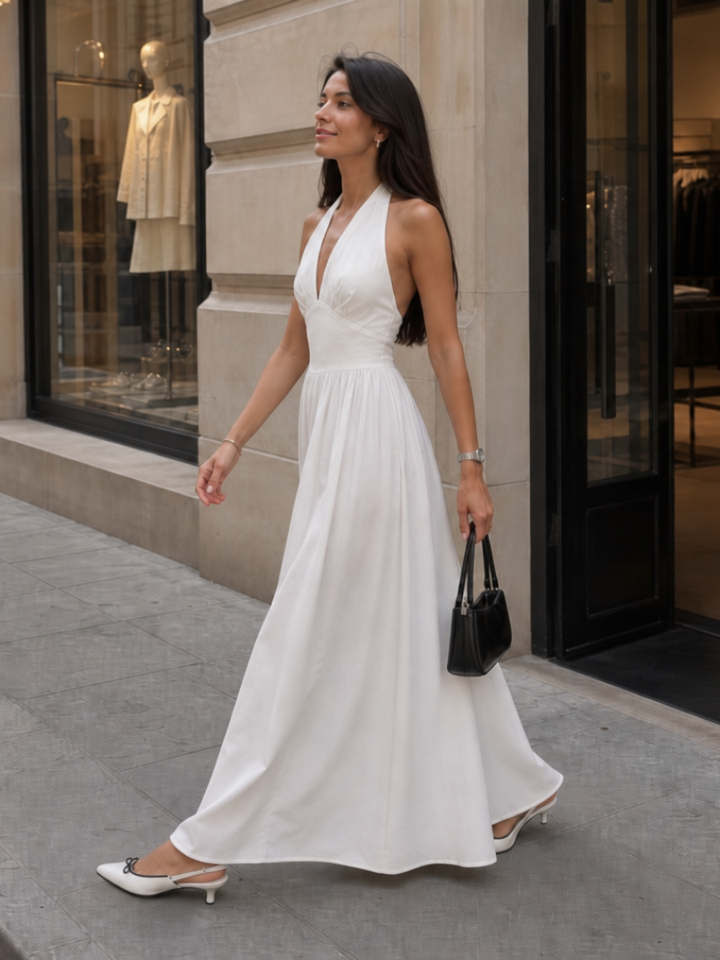 Jeven | Sleeveless Halter Neck Fitted Bodice Midi Dress