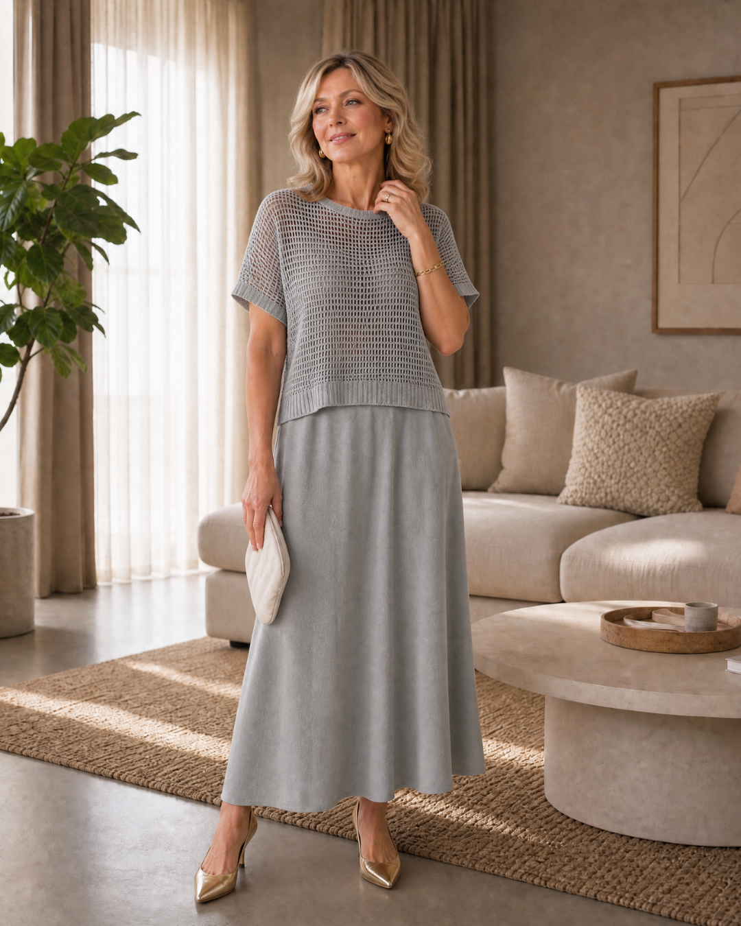 Sorella | Open Knit Top And Flowing Midi Dress Set