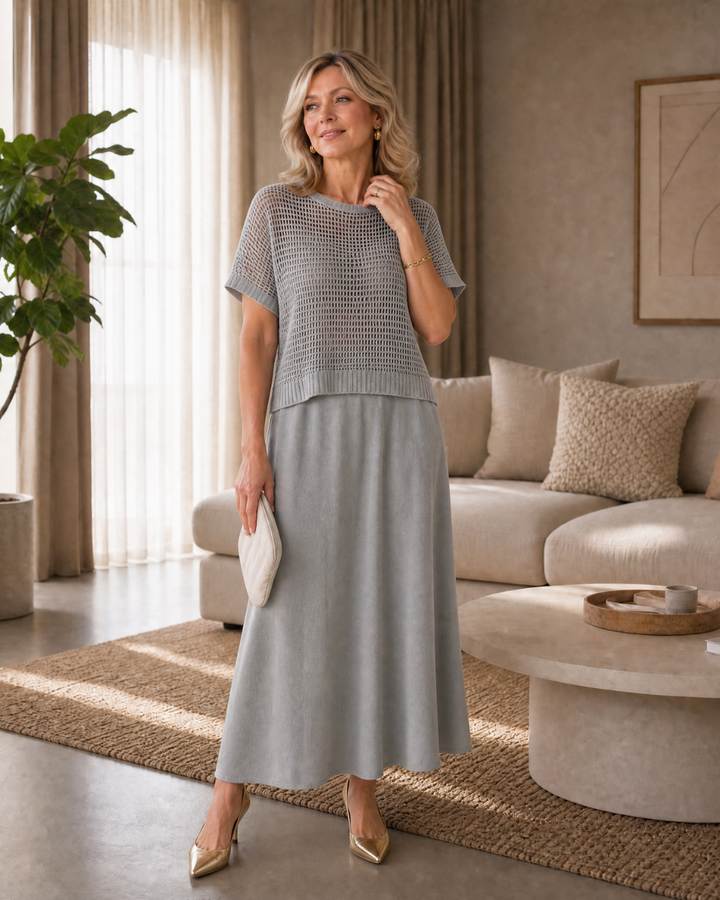 Sorella | Open Knit Top And Flowing Midi Dress Set