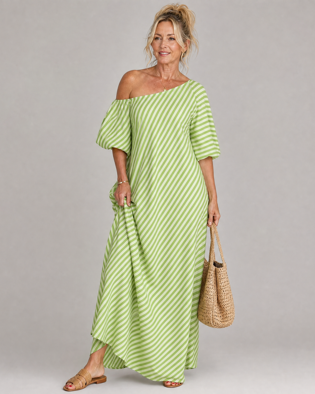 Zamrina | Striped Off Shoulder Puff Sleeve Midi Dress