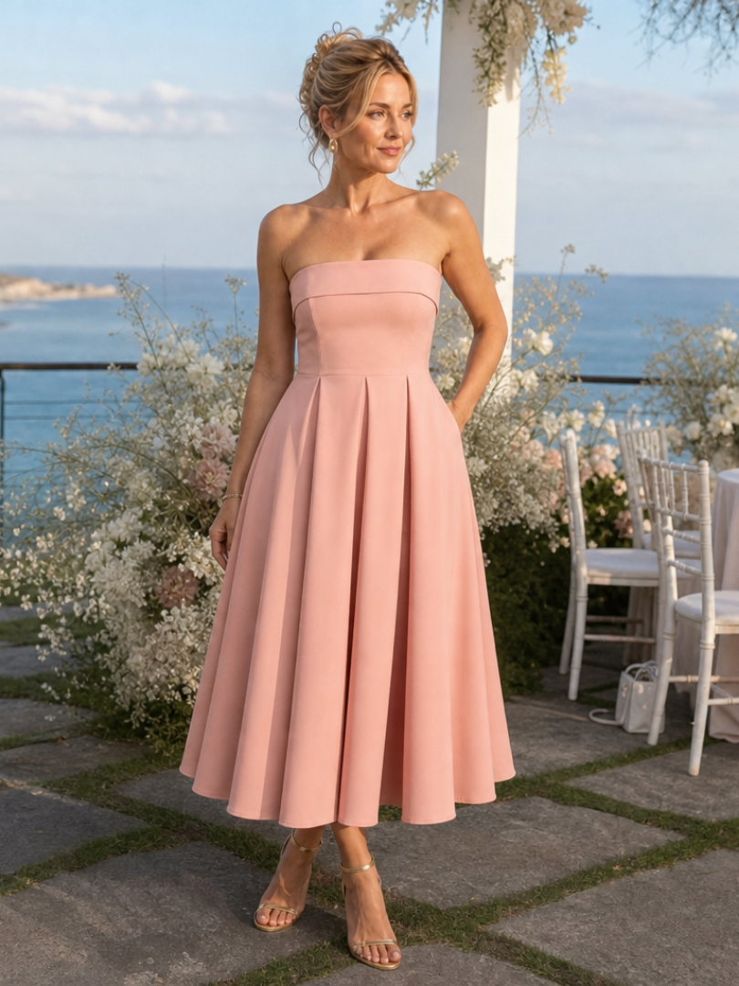 Elove | Strapless Structured Bodice Midi Dress