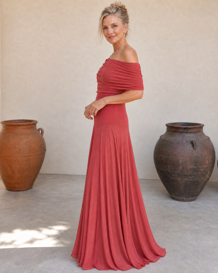 Valerinne | Off Shoulder Draped Bodice Flowing Maxi Dress