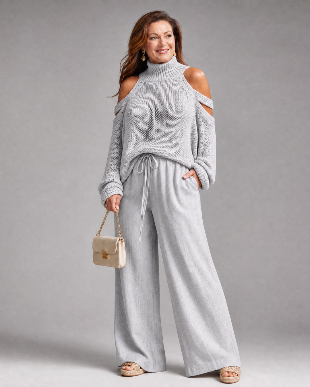 Elamen | Cold Shoulder Knit Sweater Wide Leg Pants Set