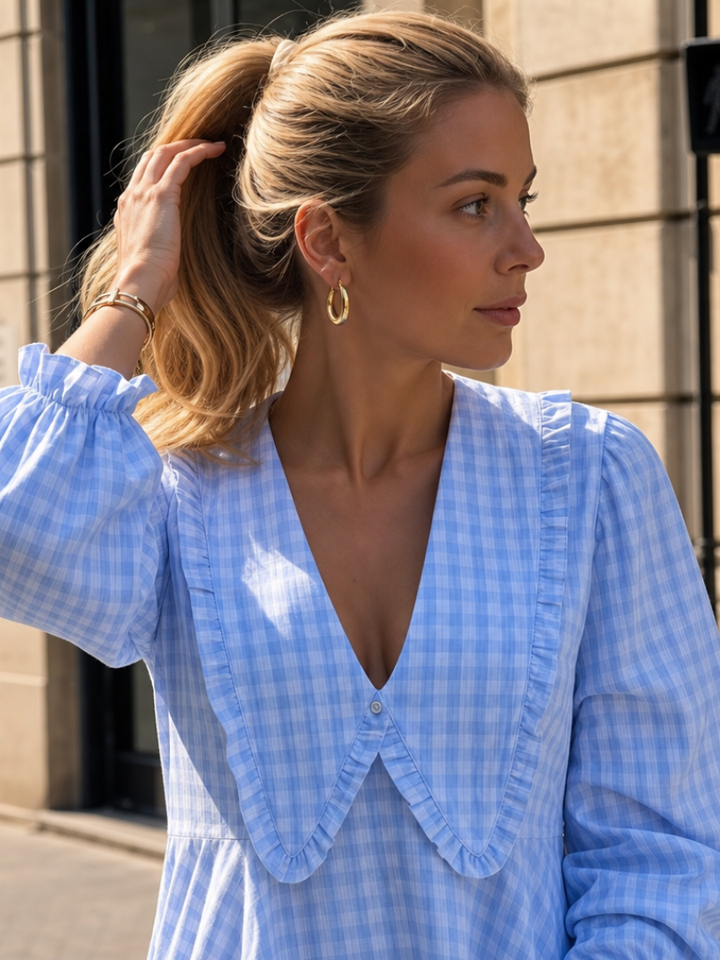 Peker | Ruffle Collar And Gingham Pattern Mini Dress