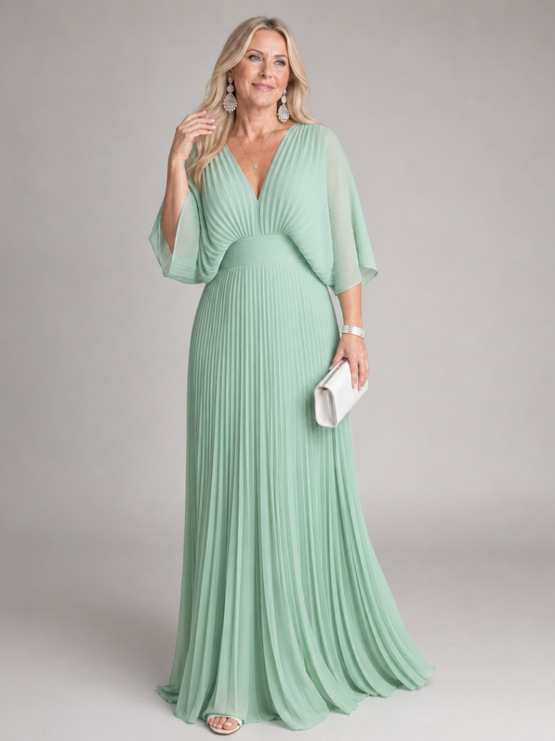 Semorph | V Neck Long Sleeve Pleated Maxi Dress
