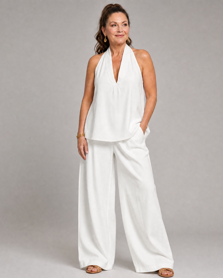 Zorelle | Halter Neck Denim Top And Wide Leg Pants Set